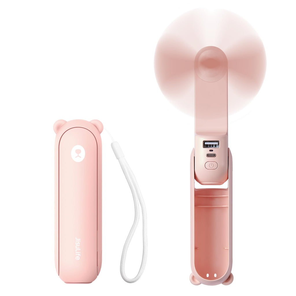 Handheld Mini Fan (Pink), 3-in-1 USB Rechargeable Portable Fan with Power Bank & Flashlight, Pocket Design for Travel & Summer