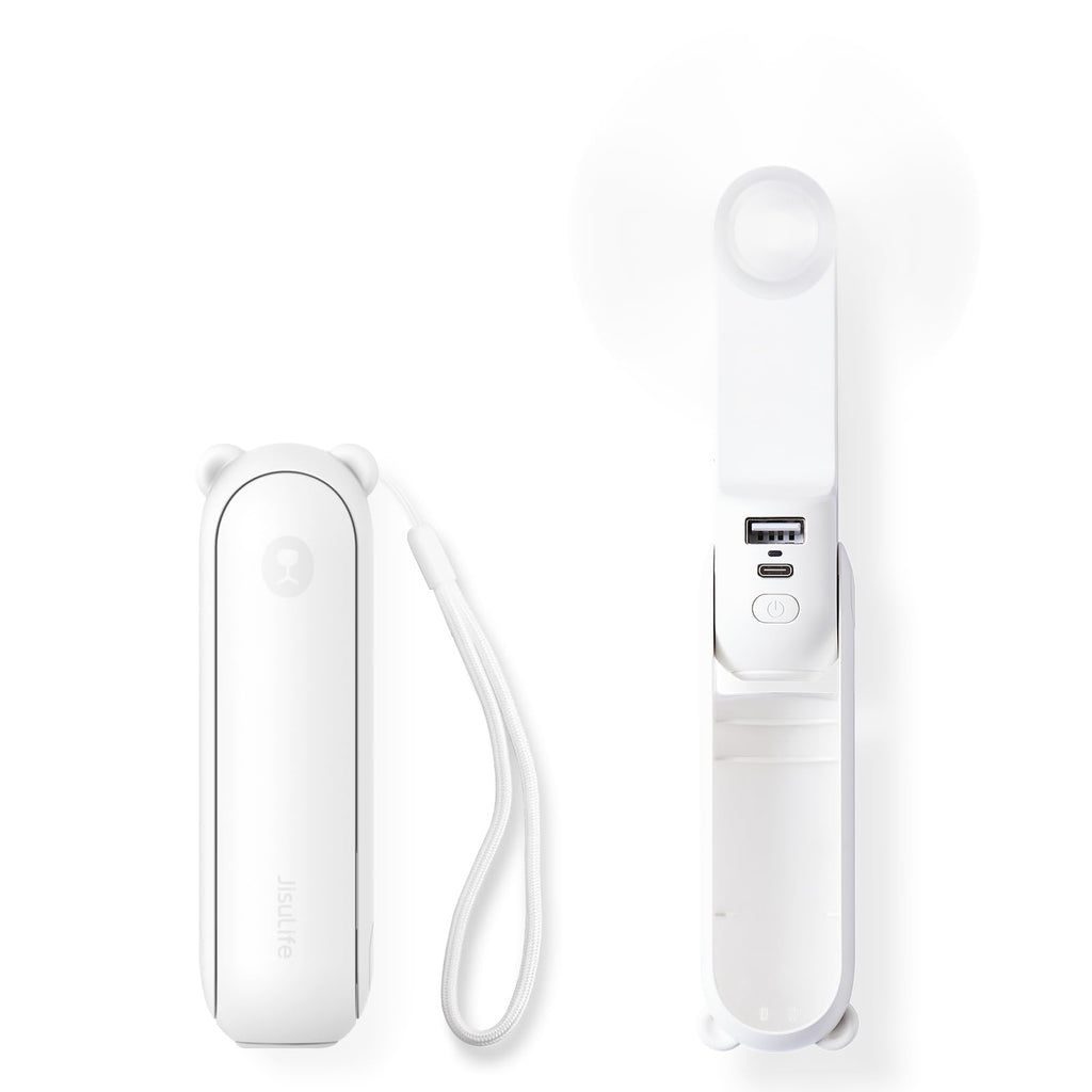 Handheld Mini Fan (White), 3-in-1 USB Rechargeable Portable Fan with Power Bank & Flashlight, Pocket Design for Travel & Summer