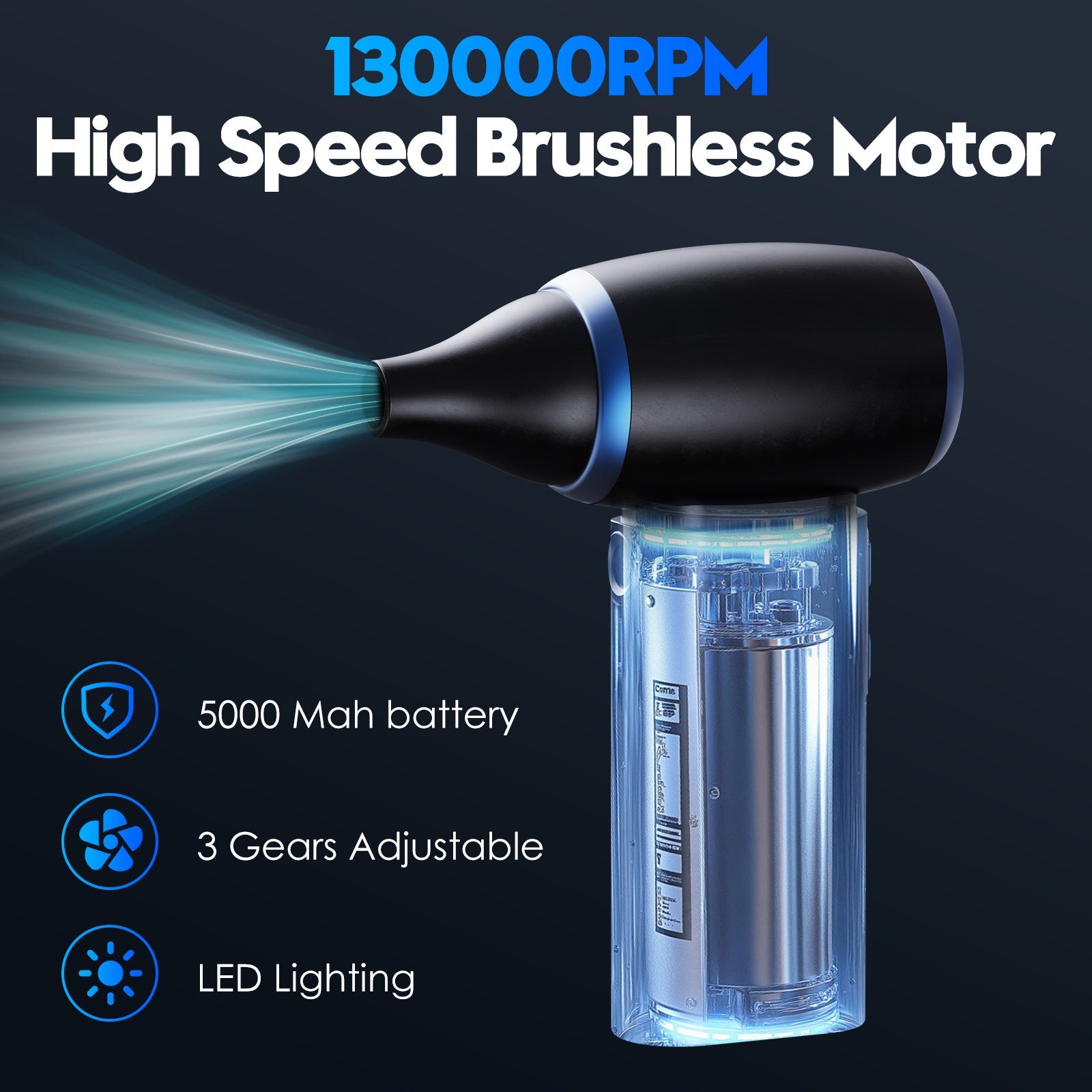 Black Portable Turbo Handheld Blower Fan - 130000RPM High-Speed Mini Fan with 5000mAh Battery